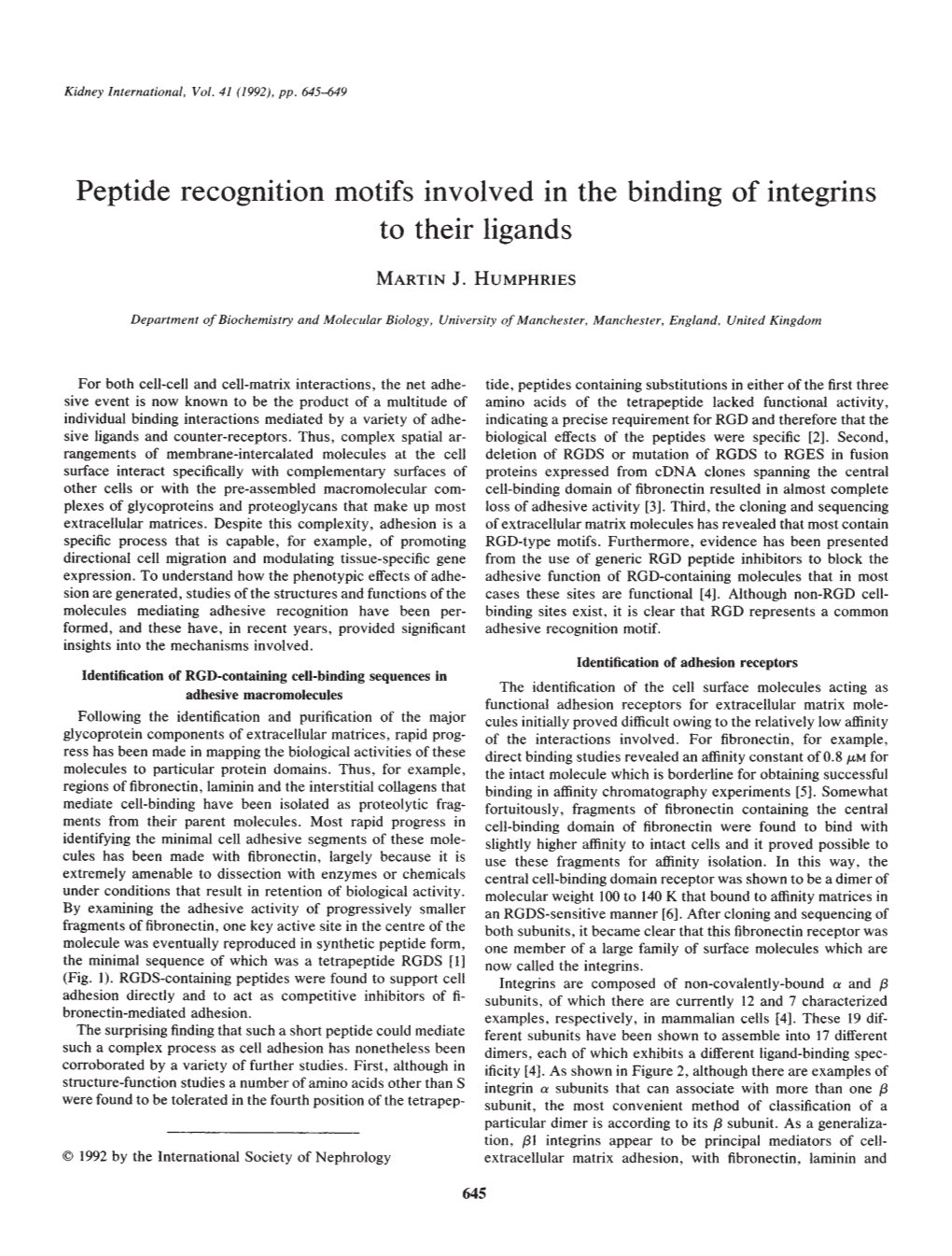 Peptide Recognition Motifs Involved in the Binding of Integrins to Their Ligands