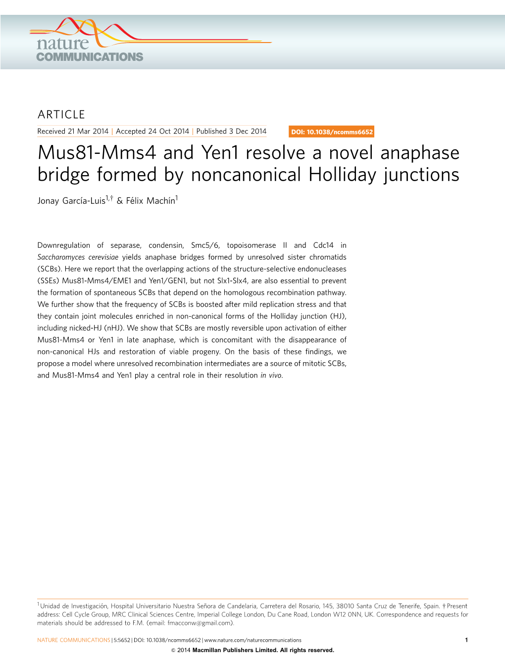 Mus81-Mms4 and Yen1 Resolve a Novel Anaphase Bridge Formed by Noncanonical Holliday Junctions