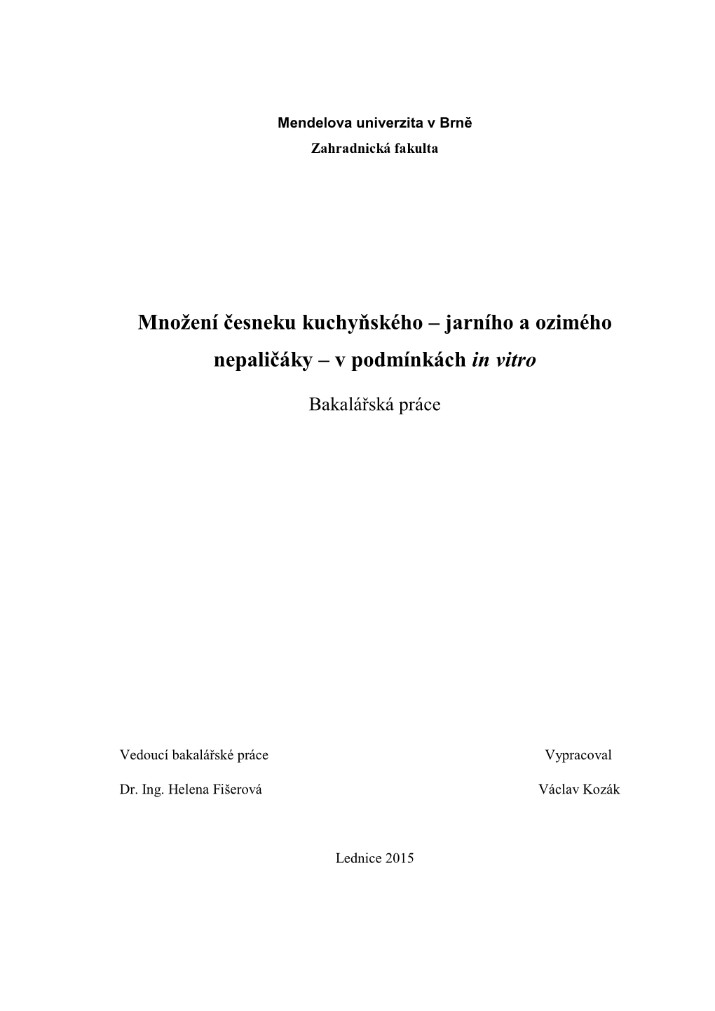 Množení Česneku Kuchyňského – Jarního a Ozimého Nepaličáky – V Podmínkách in Vitro