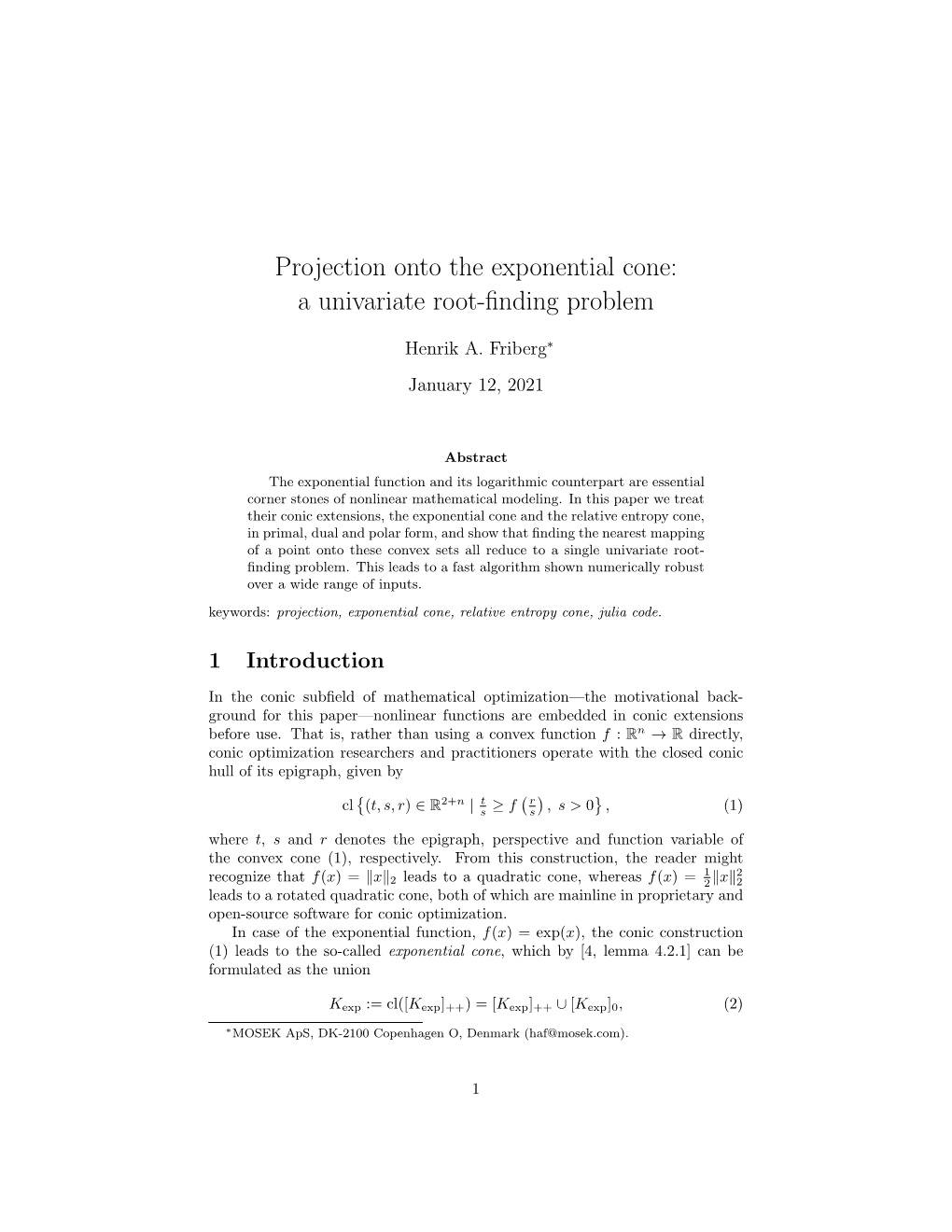 Projection Onto the Exponential Cone: a Univariate Root-ﬁnding Problem