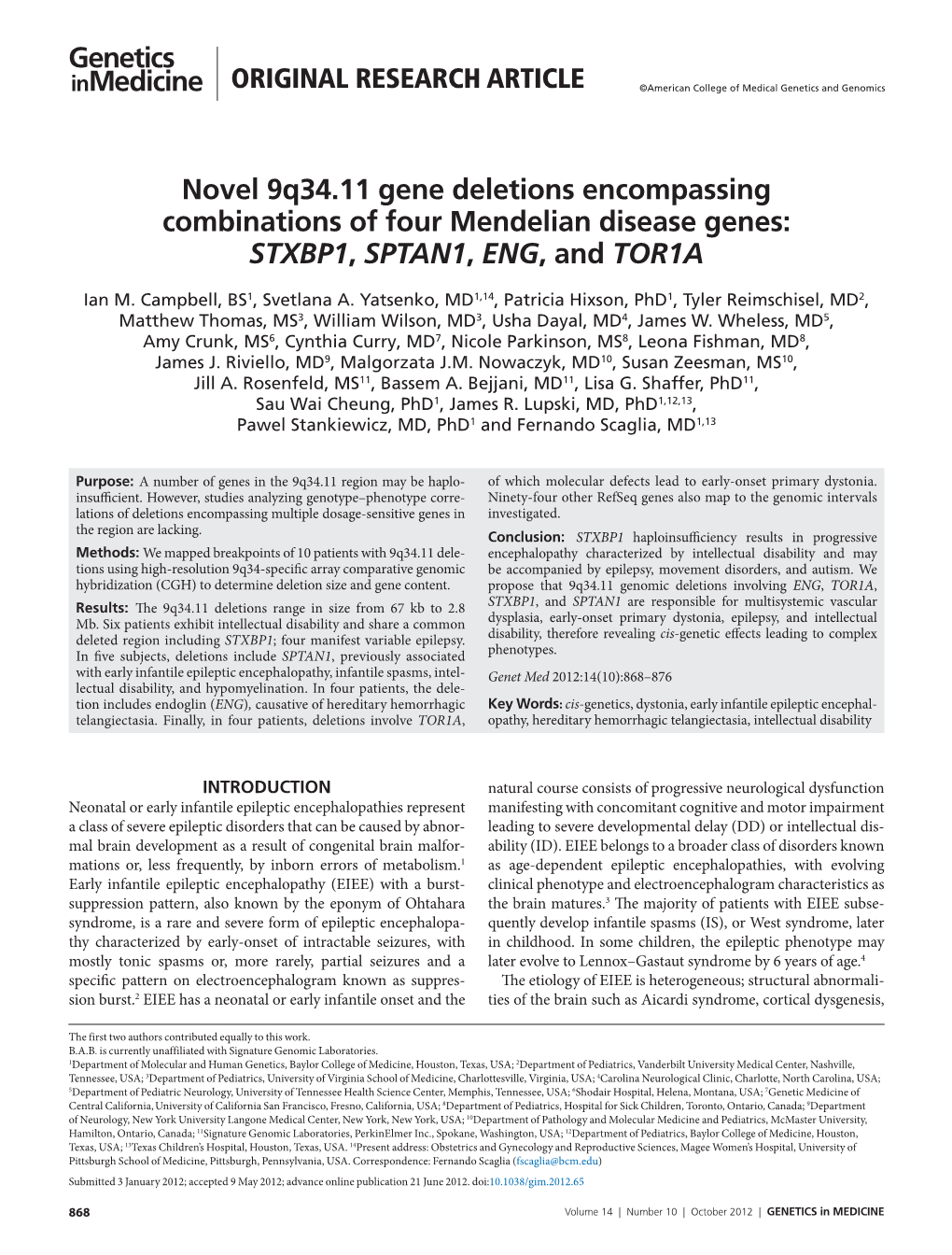 Novel 9Q34.11 Gene Deletions Encompassing Combinations of Four Mendelian Disease Genes: STXBP1, SPTAN1, ENG, and TOR1A