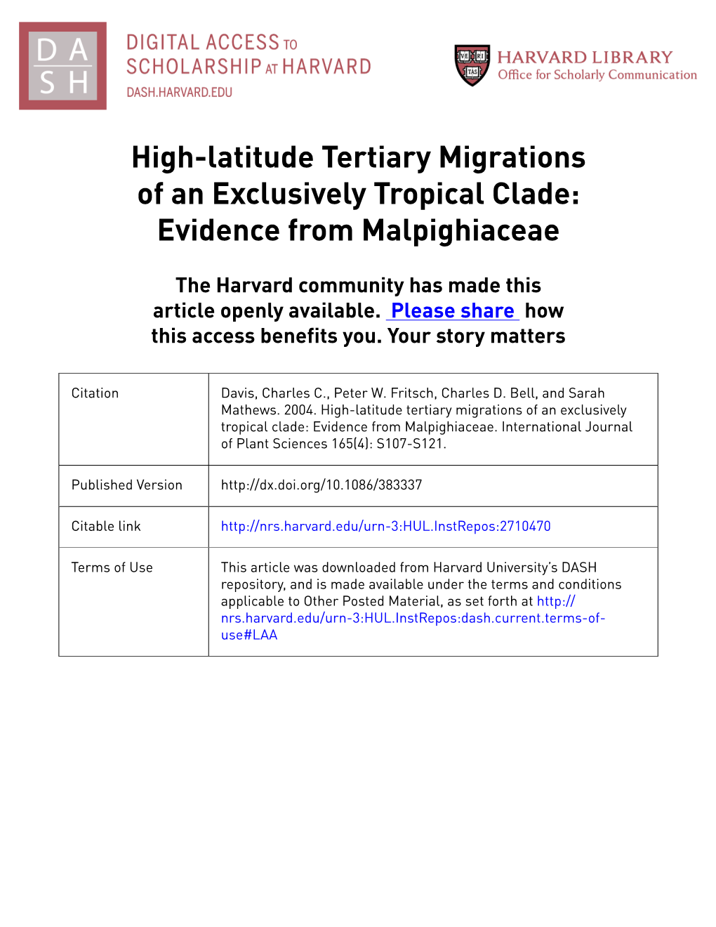 High-Latitude Tertiary Migrations of an Exclusively Tropical Clade: Evidence from Malpighiaceae