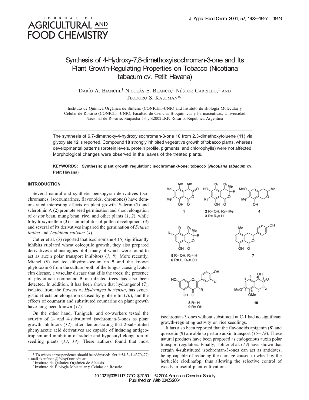 Synthesis of 4-Hydroxy-7,8-Dimethoxyisochroman-3-One and Its Plant Growth-Regulating Properties on Tobacco (Nicotiana Tabacum Cv