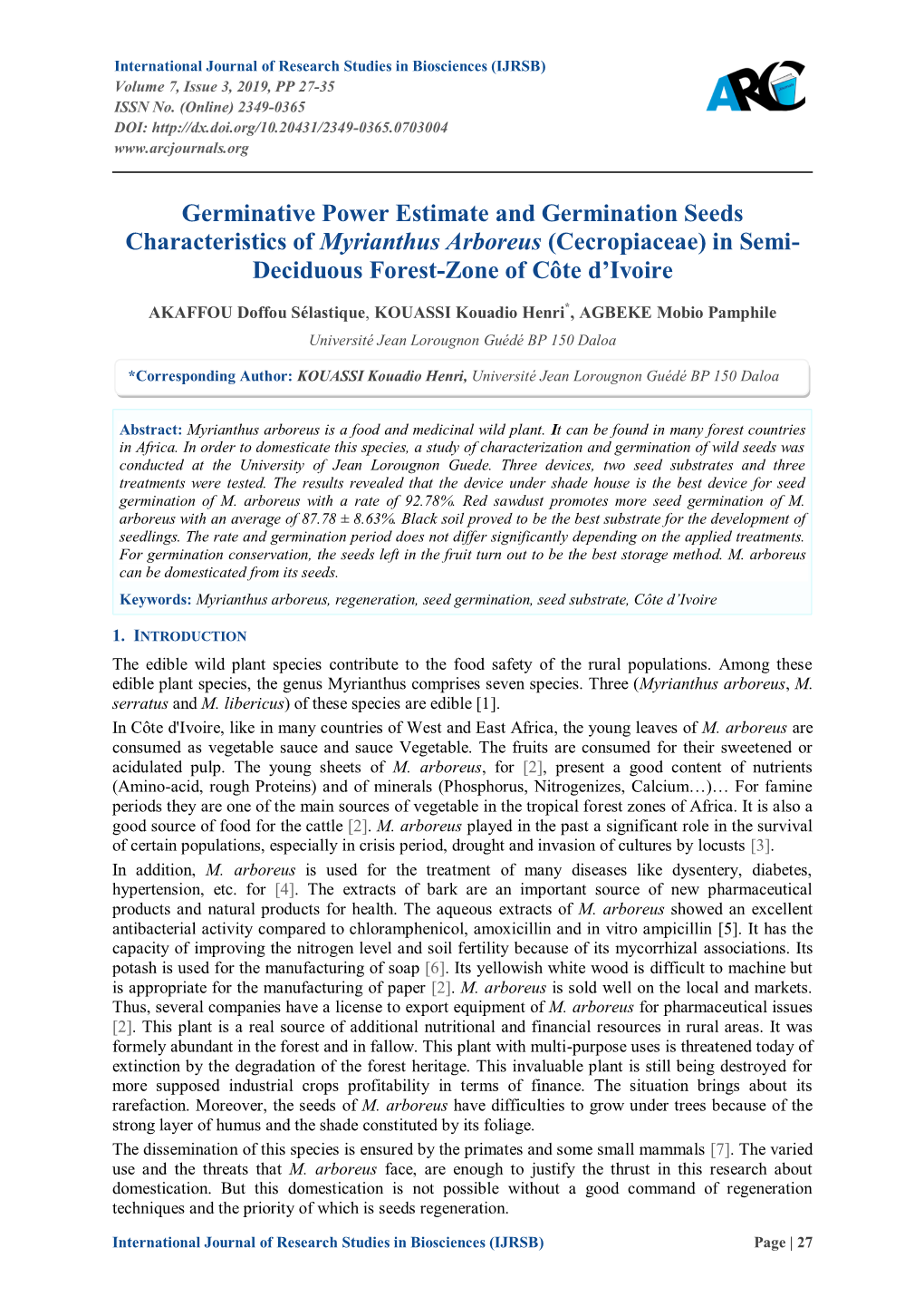 Germinative Power Estimate and Germination Seeds Characteristics of Myrianthus Arboreus (Cecropiaceae) in Semi- Deciduous Forest-Zone of Côte D’Ivoire