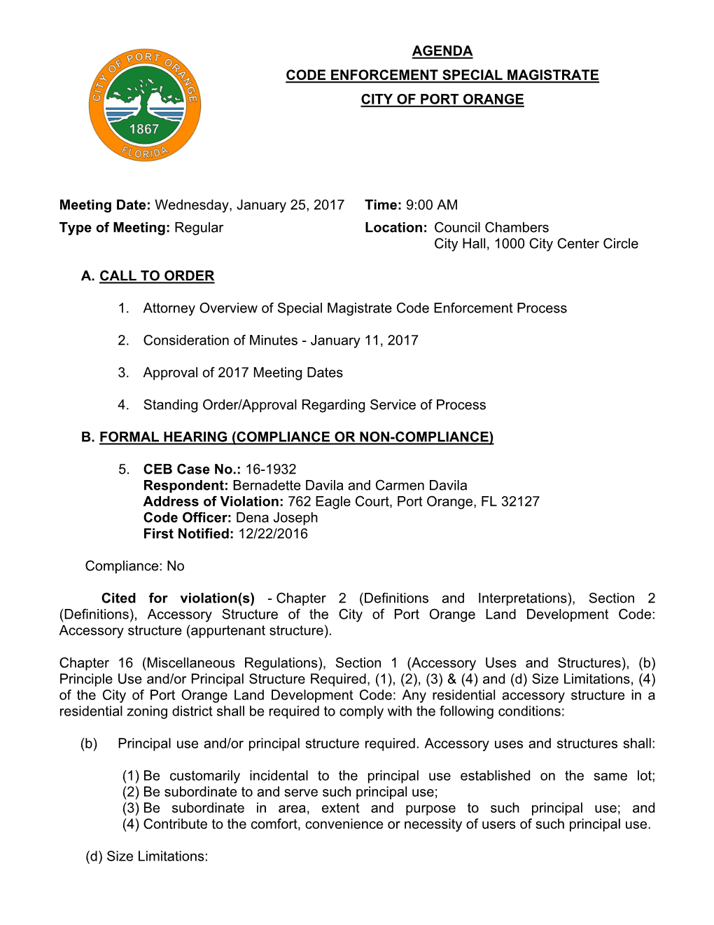 Agenda Code Enforcement Special Magistrate City of Port Orange