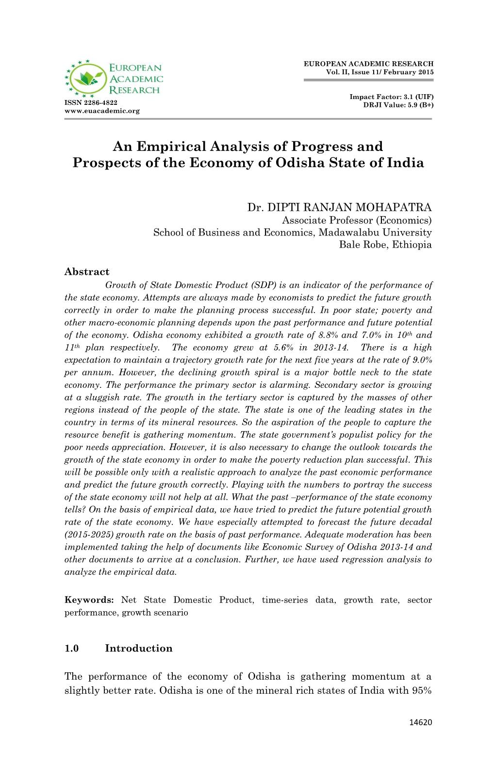 An Empirical Analysis of Progress and Prospects of the Economy of Odisha State of India