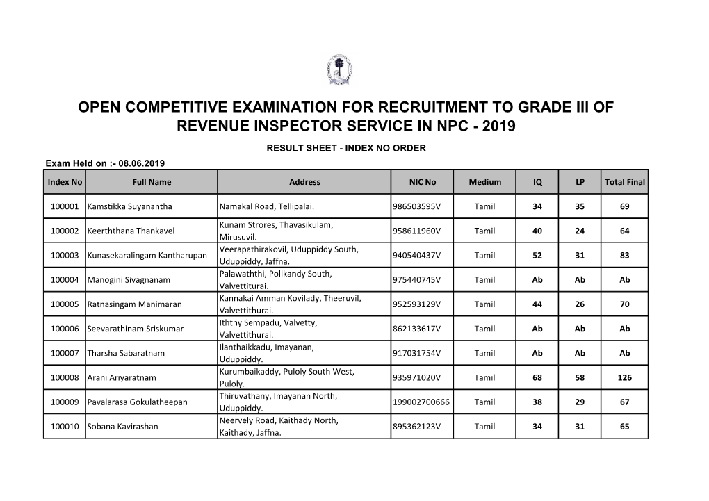 Open Competitive Examination for Recruitment to Grade Iii of Revenue Inspector Service in Npc - 2019