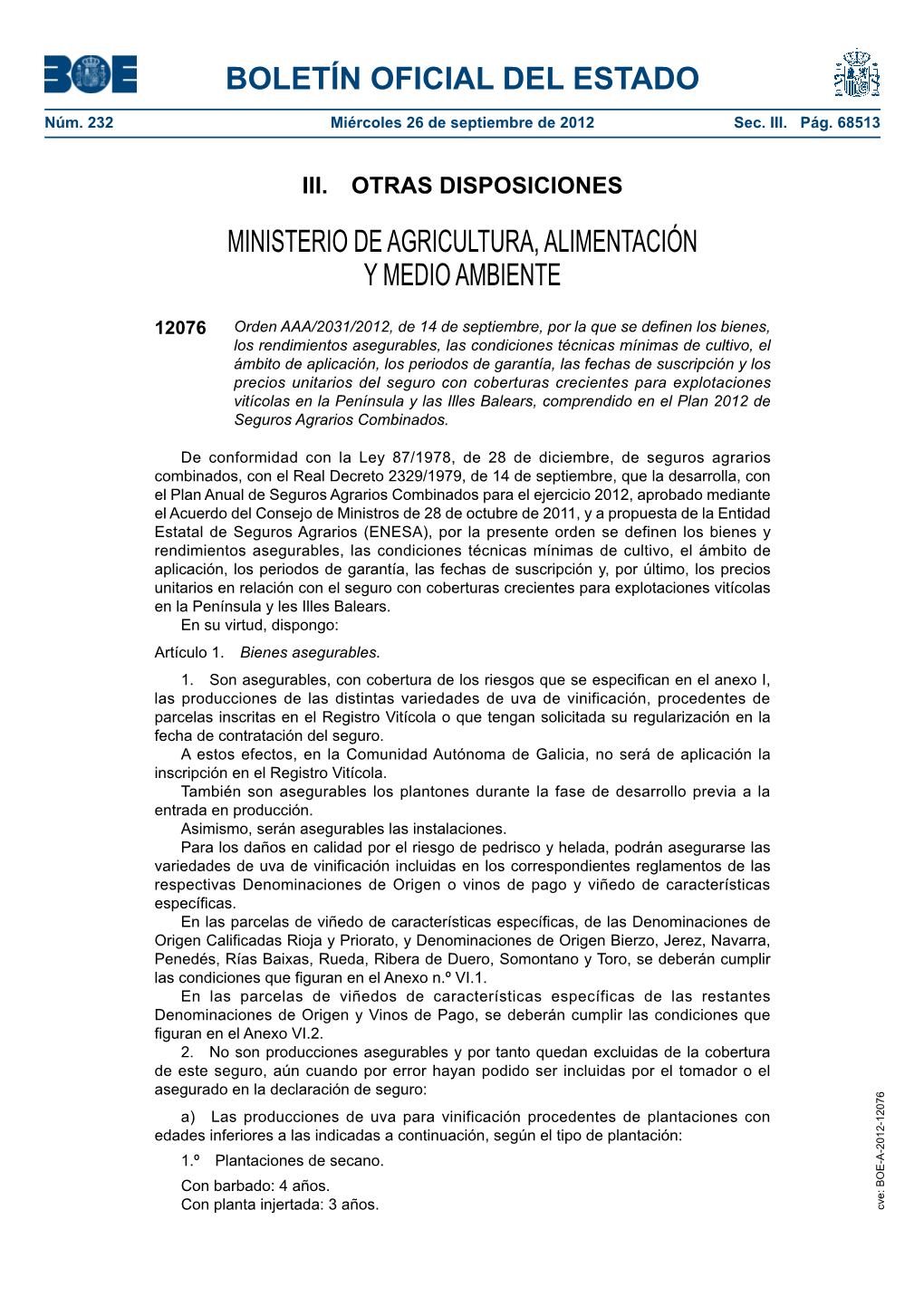 Disposición 12076 Del BOE Núm. 232 De 2012