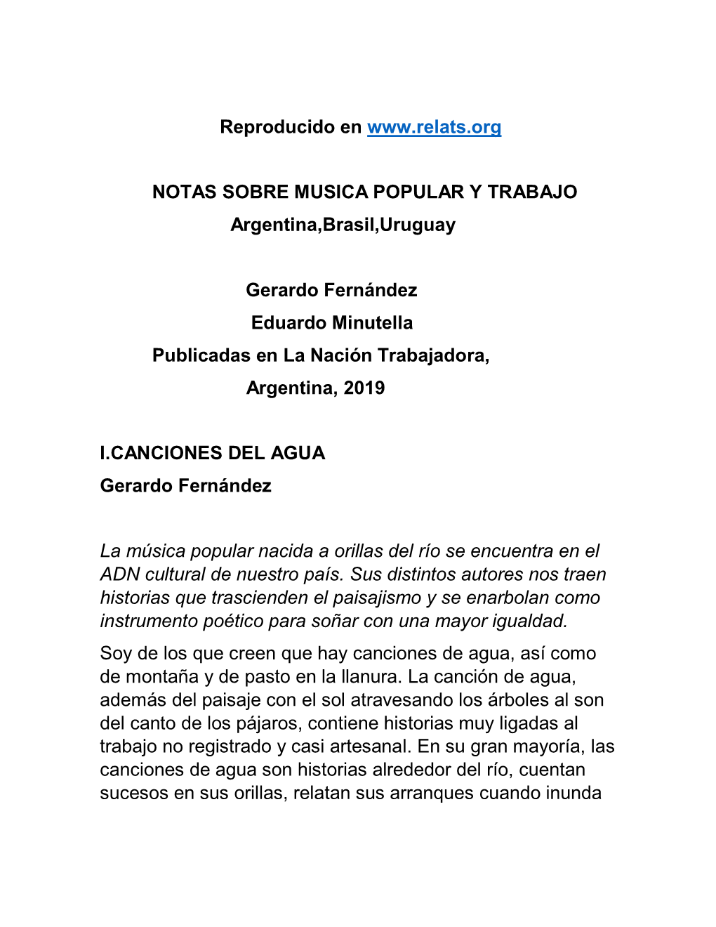 Notas Sobre Música Popular Y Trabajo. Argentina, Brasil Y Uruguay