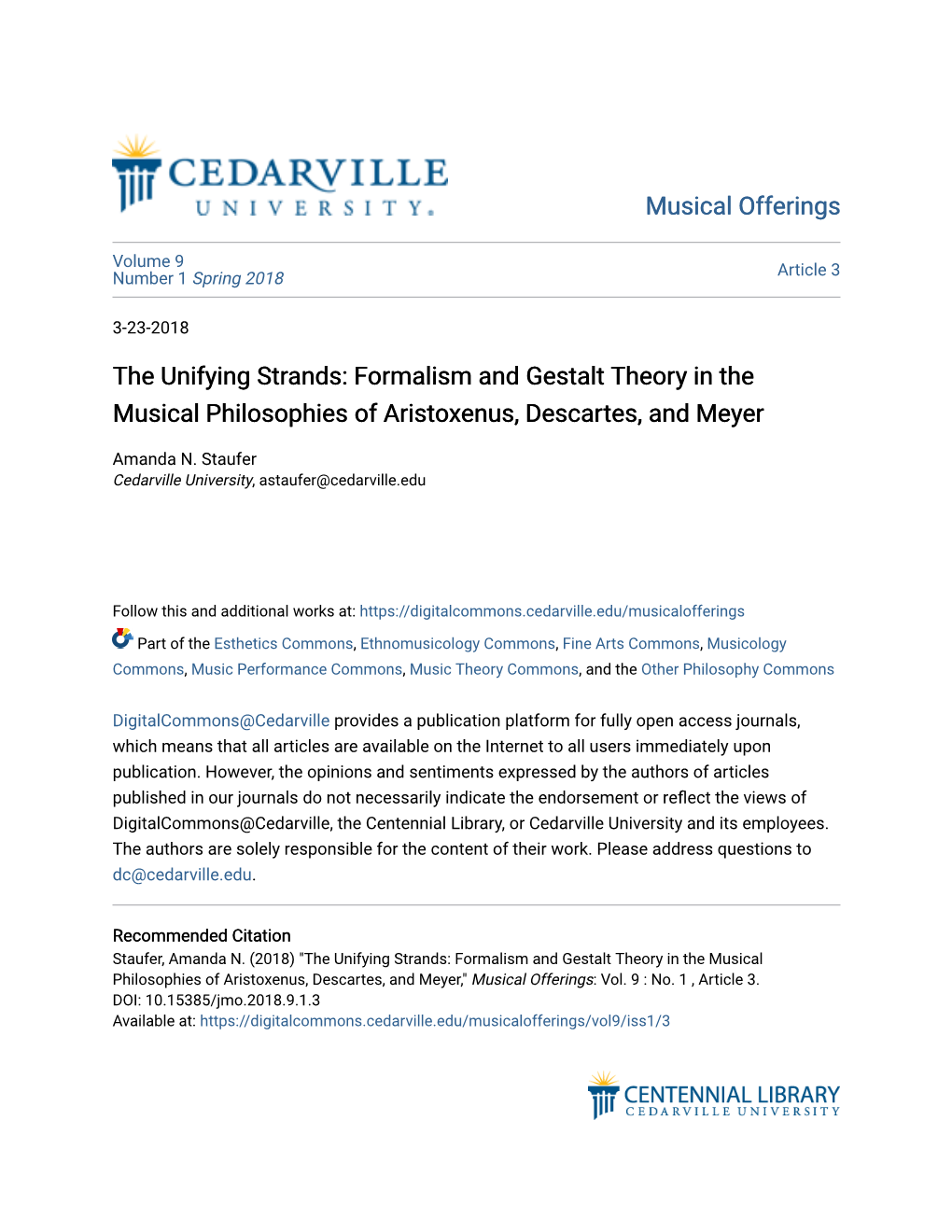 The Unifying Strands: Formalism and Gestalt Theory in the Musical Philosophies of Aristoxenus, Descartes, and Meyer