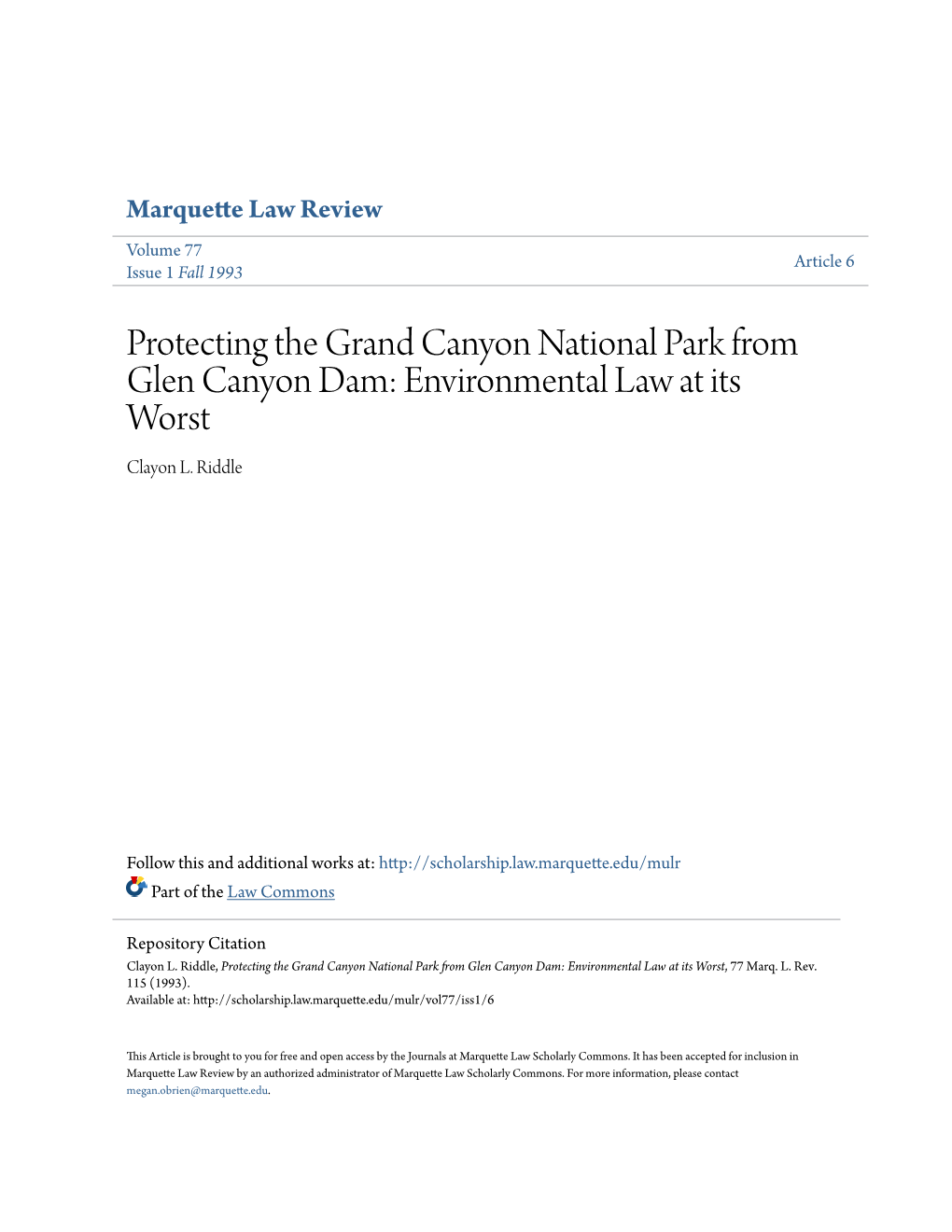 Protecting the Grand Canyon National Park from Glen Canyon Dam: Environmental Law at Its Worst Clayon L