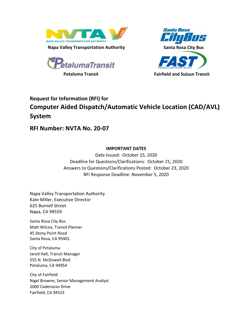 Computer Aided Dispatch/Automatic Vehicle Location (CAD/AVL) System RFI Number: NVTA No