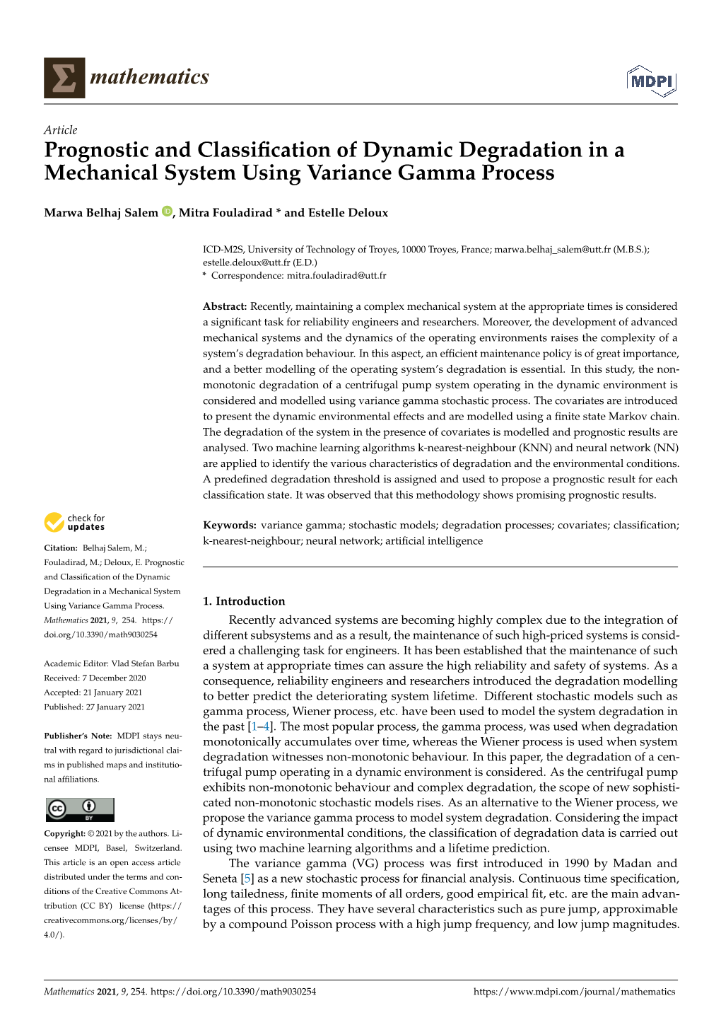 Prognostic and Classification of Dynamic Degradation in a Mechanical System Using Variance Gamma Process