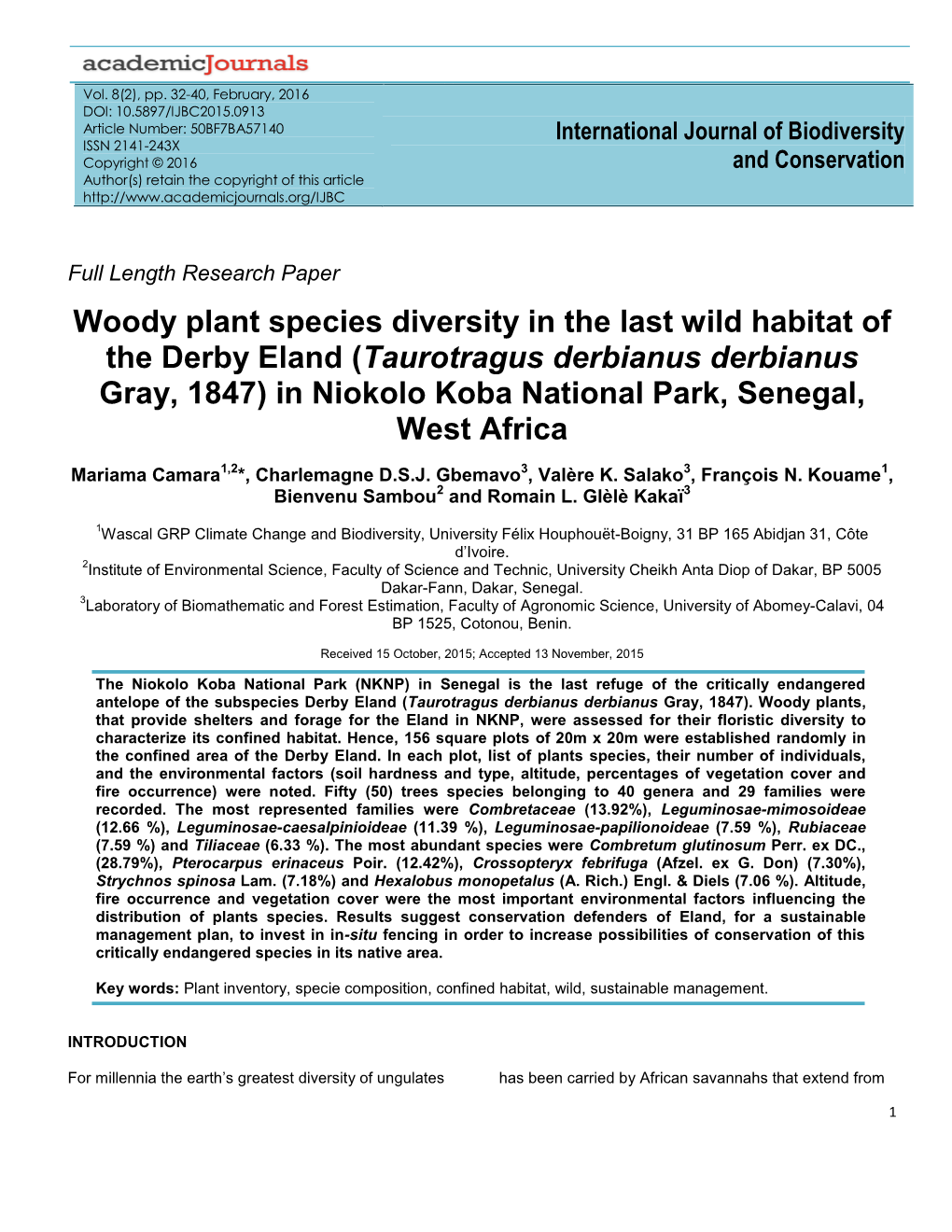 Woody Plant Species Diversity in the Last Wild Habitat of the Derby Eland