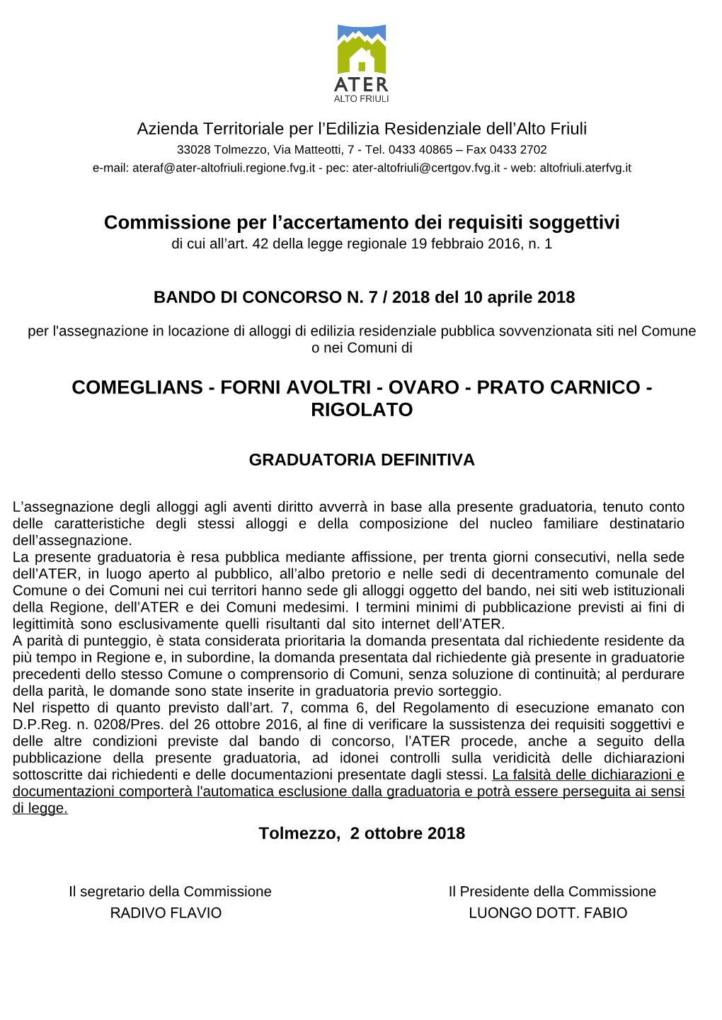 Comeglians - Forni Avoltri - Ovaro - Prato Carnico - Rigolato