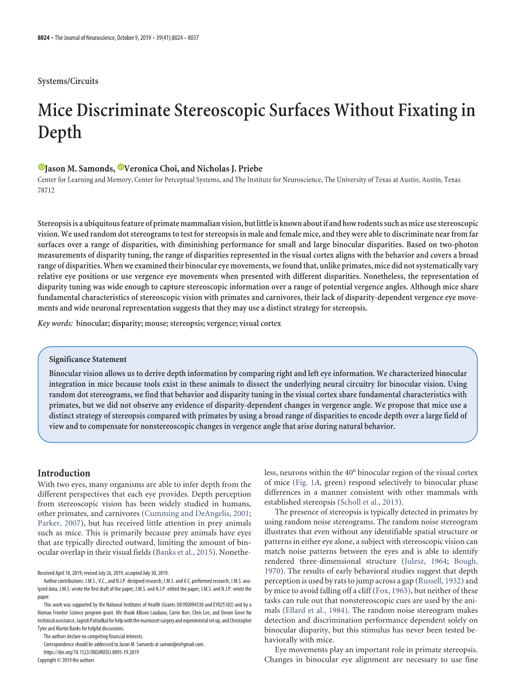 Mice Discriminate Stereoscopic Surfaces Without Fixating in Depth