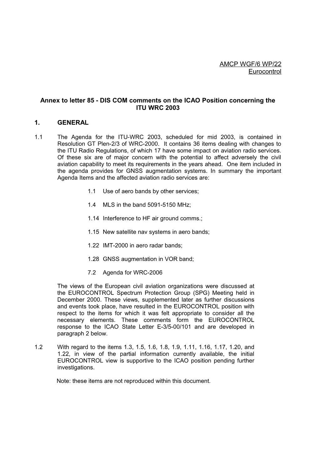 Annex to Letter 85 - DIS COM Comments on the ICAO Position Concerning the ITU WRC 2003