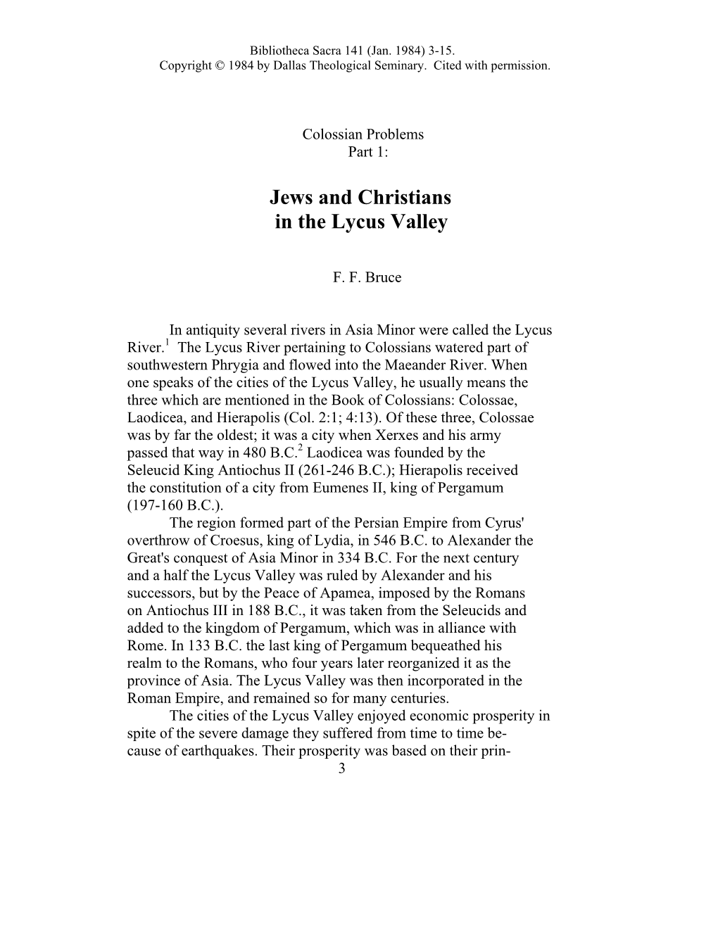Jews and Christians in the Lycus Valley: Colossians Problems, Pt. 1