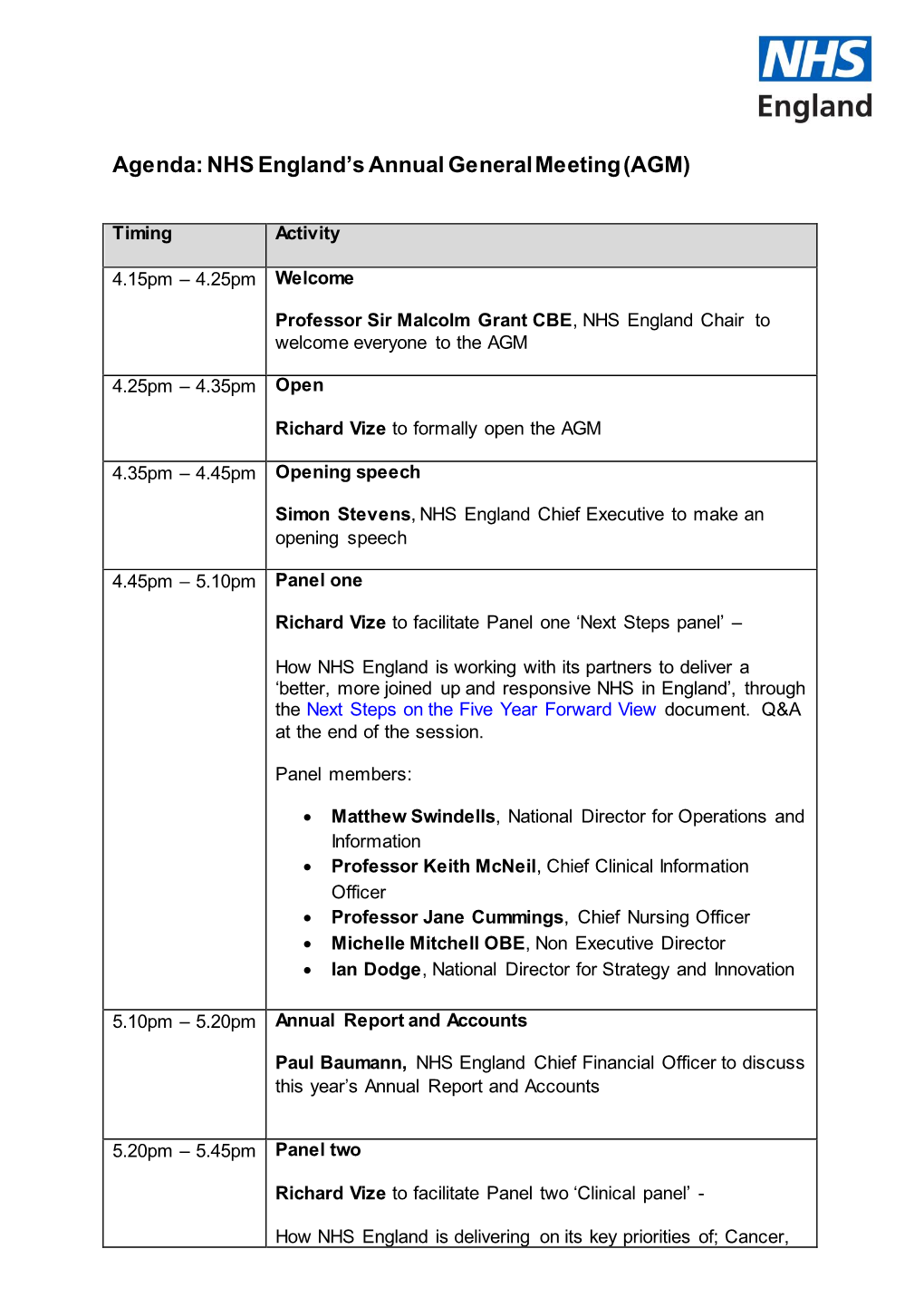 Agenda: NHS England's Annual General Meeting (AGM)