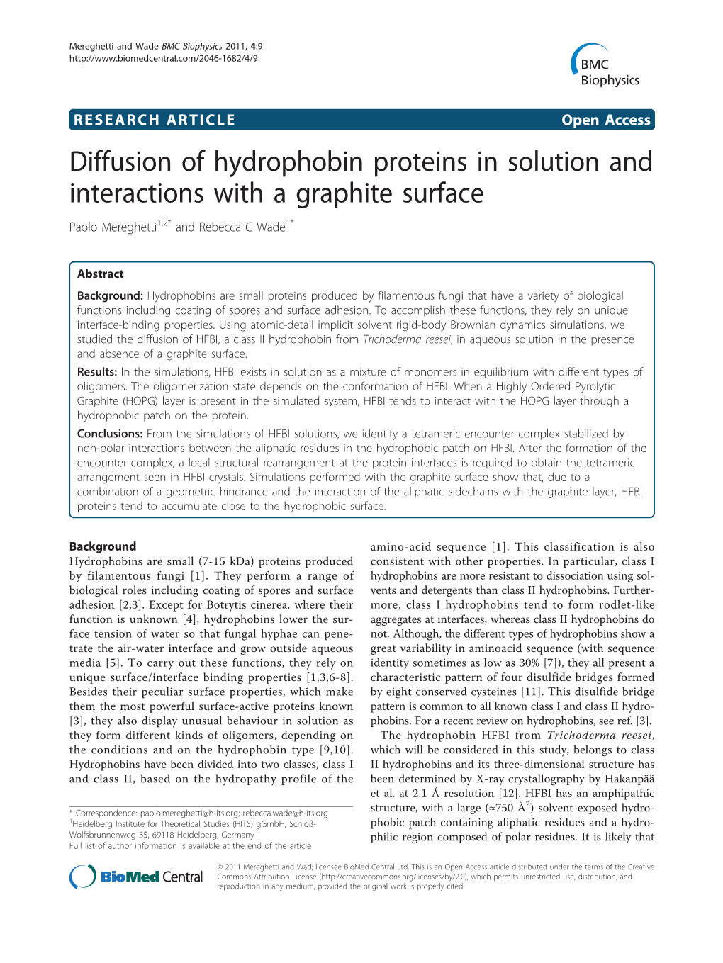Diffusion of Hydrophobin Proteins in Solution and Interactions with a Graphite Surface Paolo Mereghetti1,2* and Rebecca C Wade1*