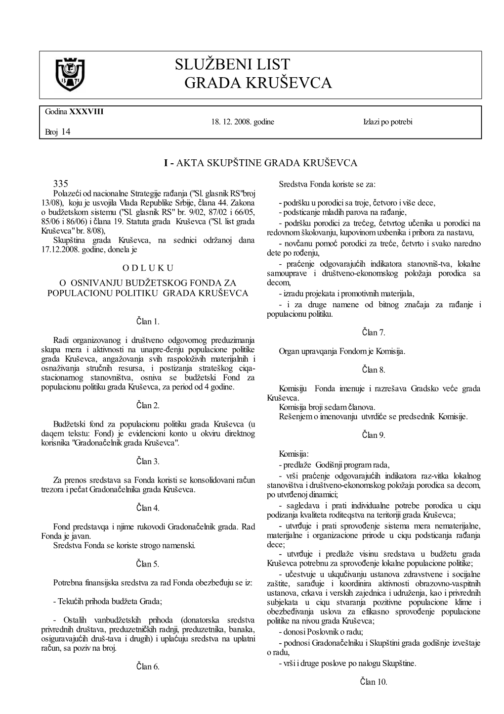 Službeni List Grada Kruševca Broj 14 18.12.2008