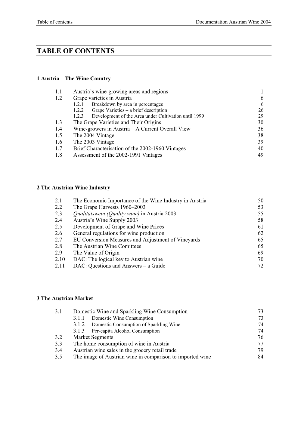 Table of Contents Documentation Austrian Wine 2004