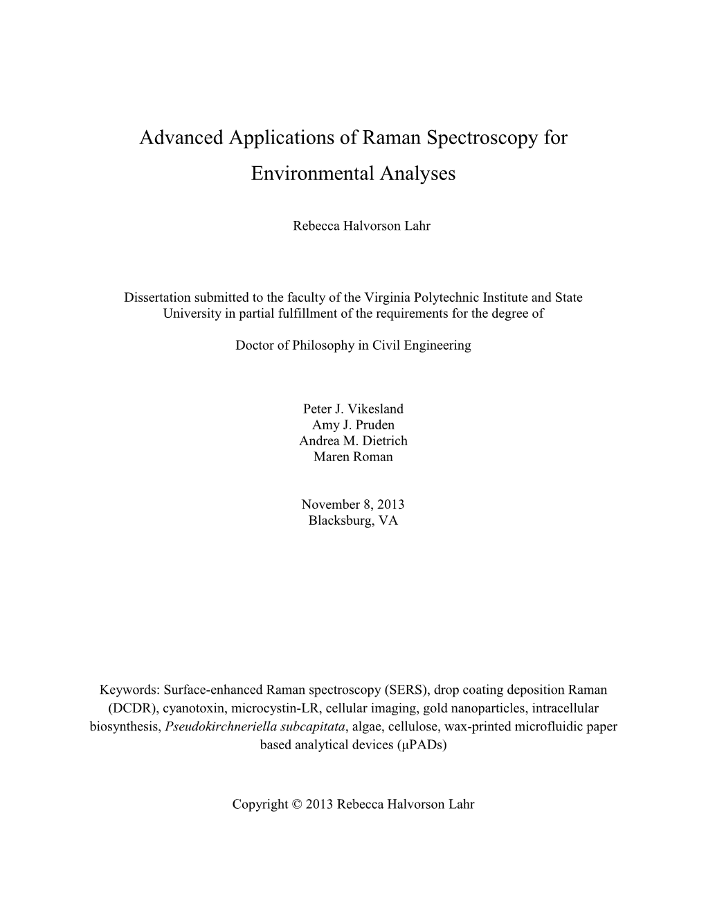 Advanced Applications of Raman Spectroscopy for Environmental Analyses Rebecca Halvorson Lahr