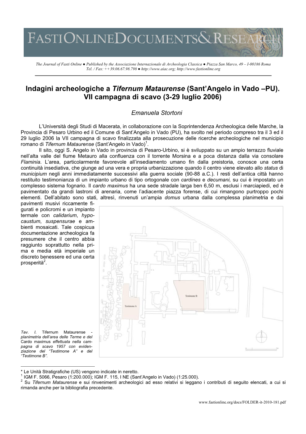 Indagini Archeologiche a Tifernum Mataurense (Sant'angelo in Vado