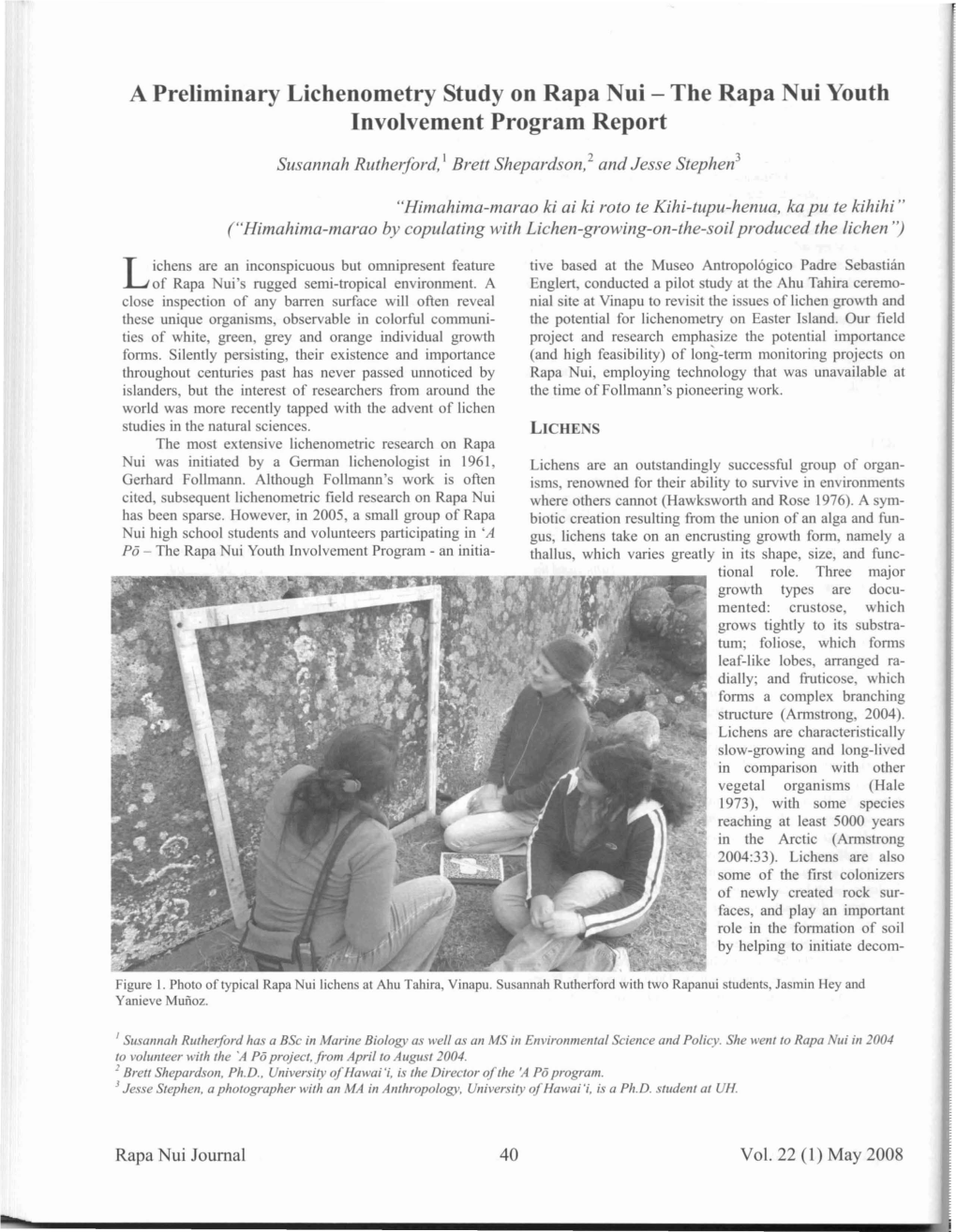 A Preliminary Lichenometry Study on Rapa Nui - the Rapa Nui Youth Involvement Program Report