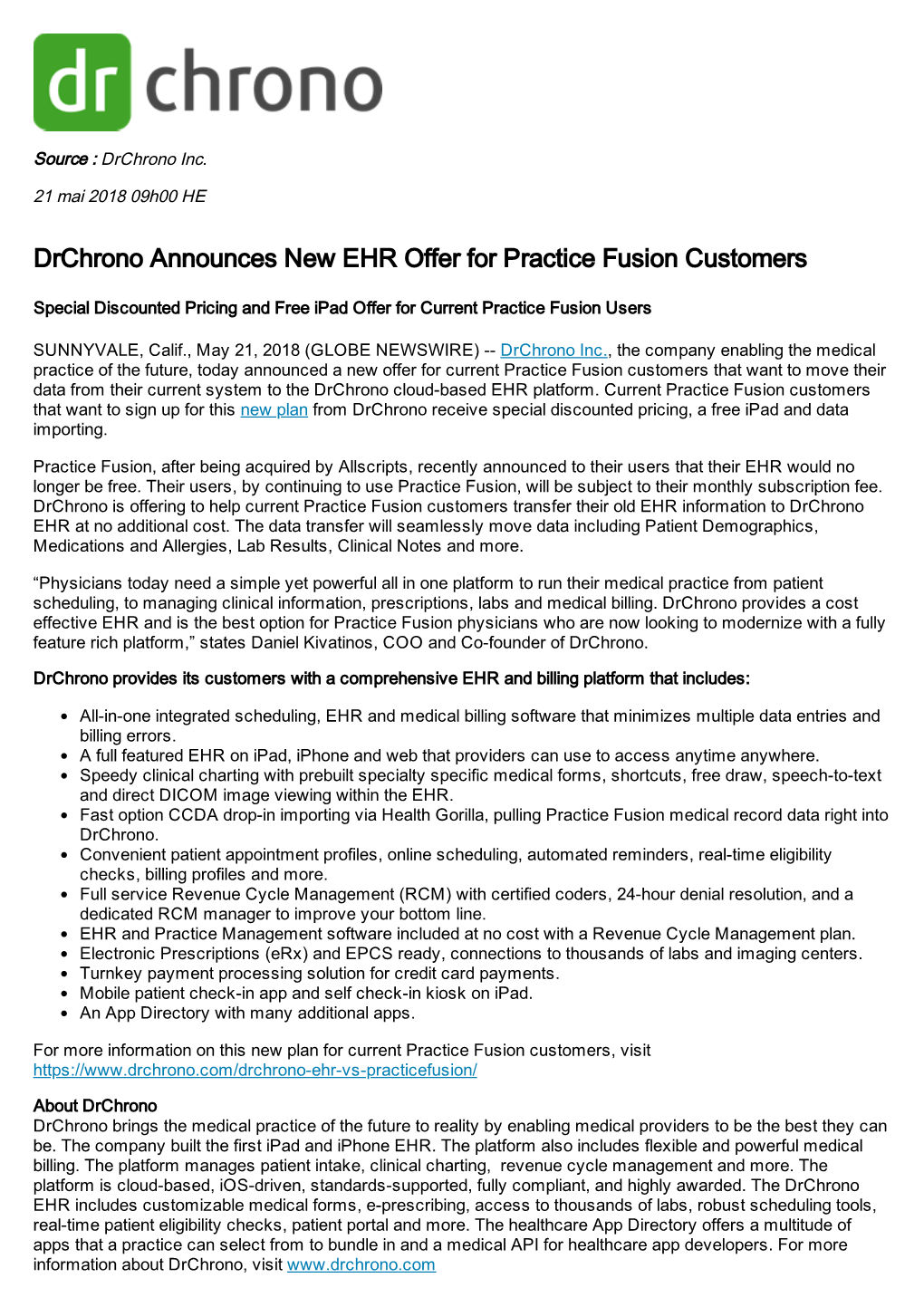 Drchrono Announces New EHR Offer for Practice Fusion Customers