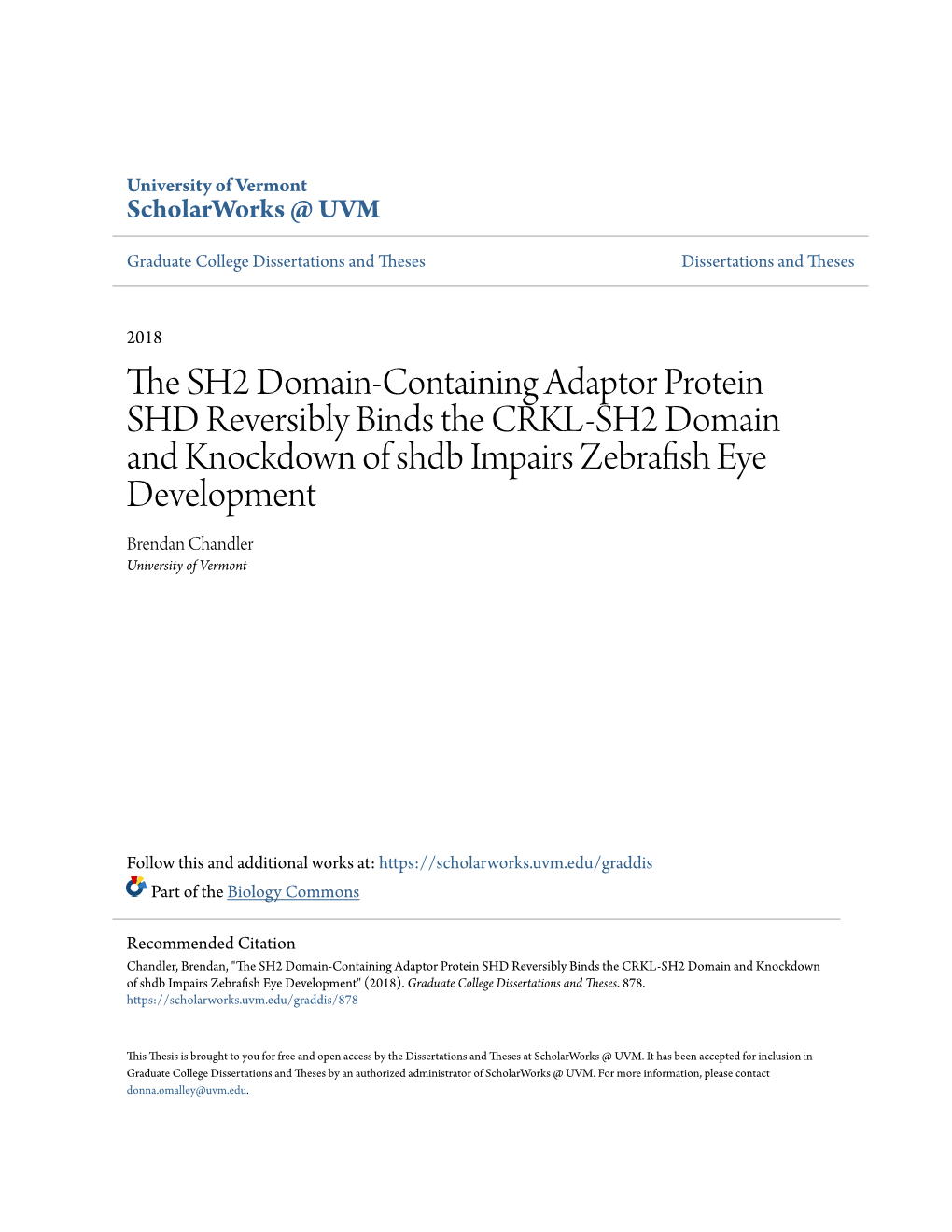 The Sh2 Domain-Containing Adaptor Protein Shd Reversibly Binds the Crkl-Sh2 Domain and Knockdown of Shdb Impairs Zebrafish Eye Development