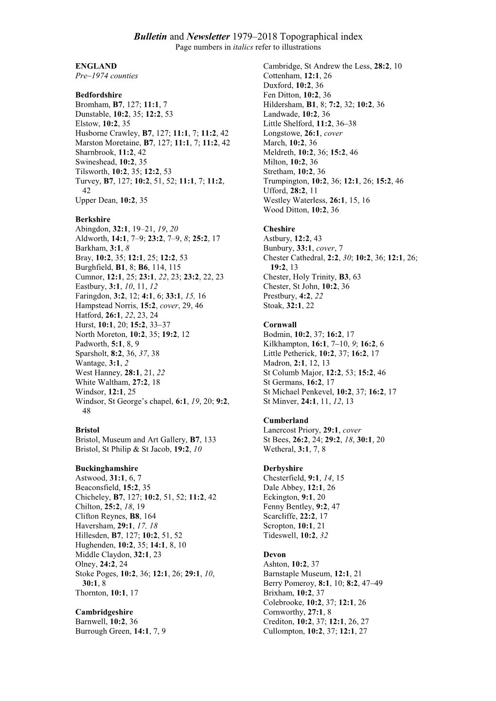 Bulletin and Newsletter 1979–2018 Topographical Index Page Numbers in Italics Refer to Illustrations