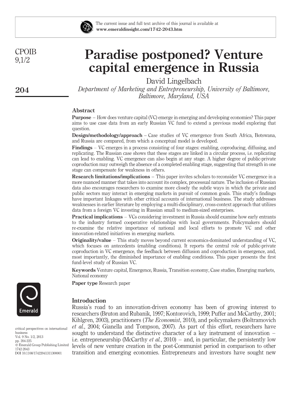 Paradise Postponed? Venture Capital Emergence in Russia