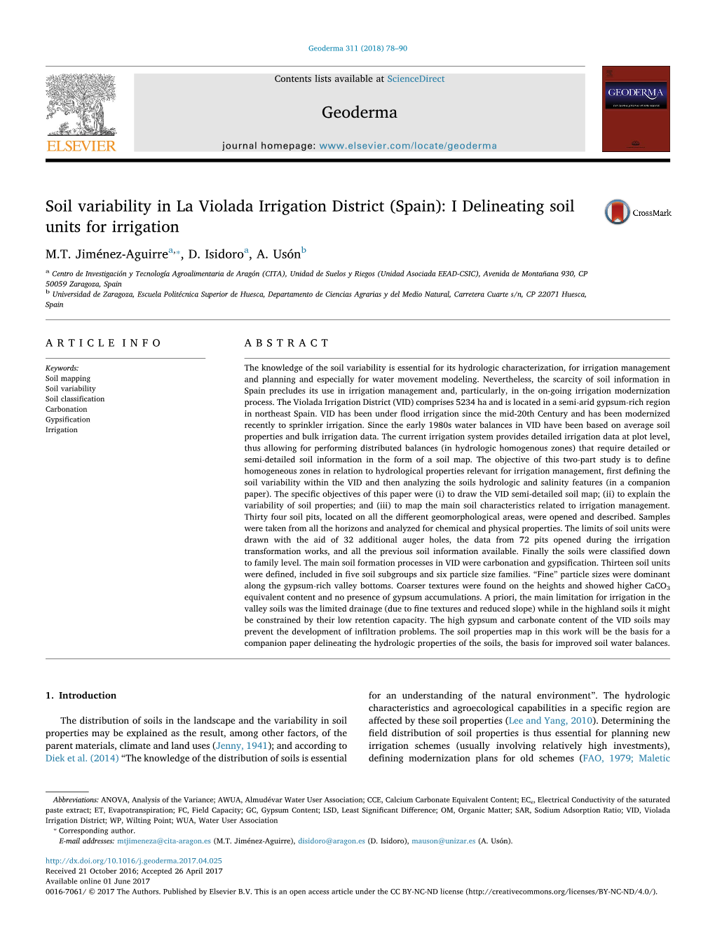 Soil Variability in La Violada Irrigation District (Spain): I Delineating Soil MARK Units for Irrigation