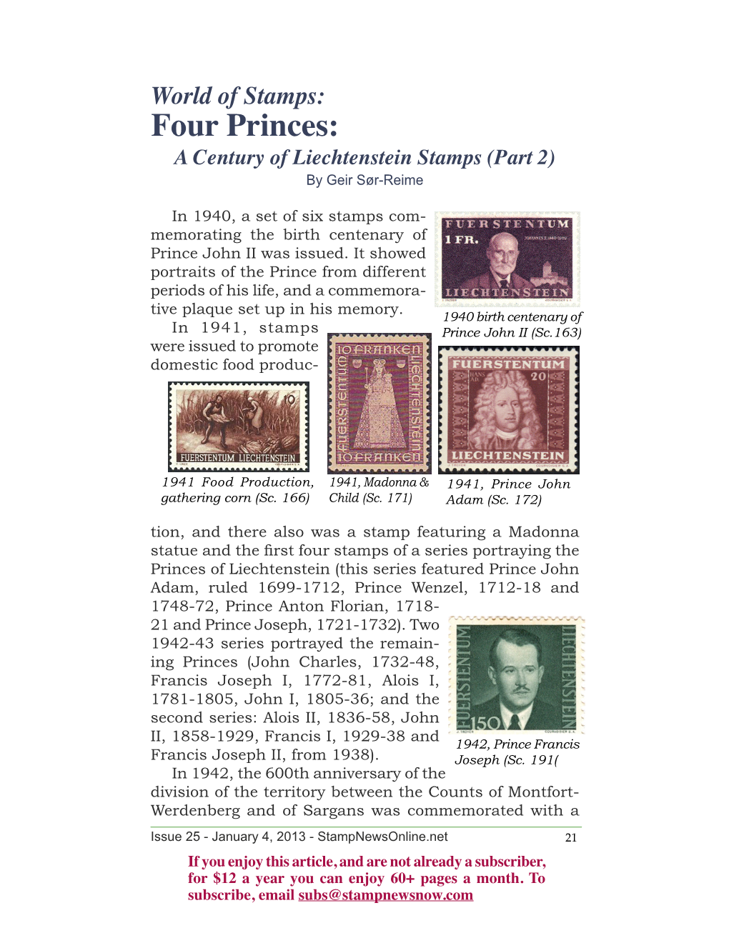 Four Princes: a Century of Liechtenstein Stamps (Part 2) by Geir Sør-Reime