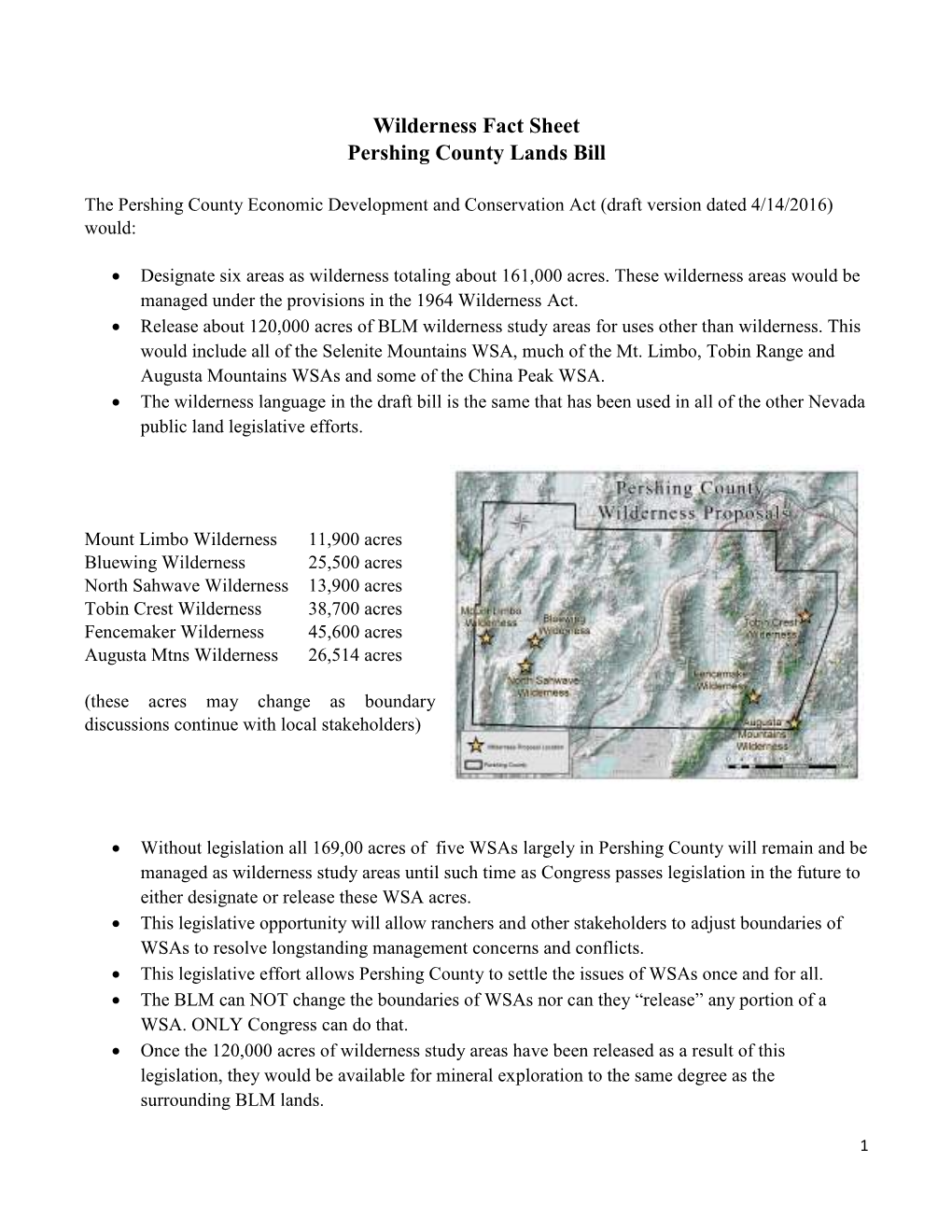 Wilderness Fact Sheet Pershing County Lands Bill