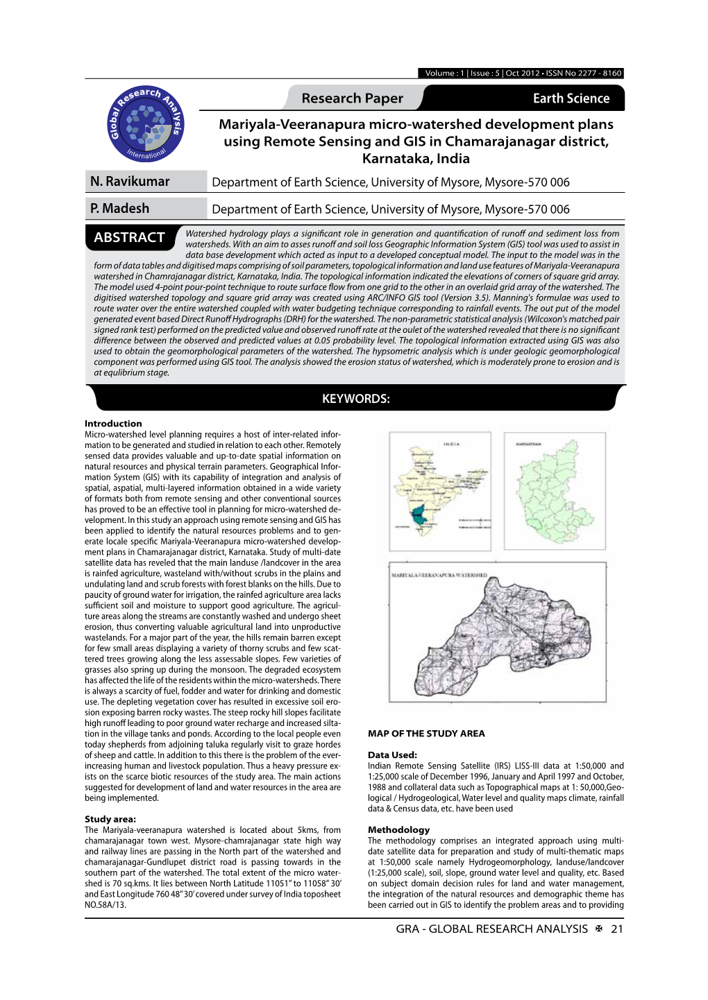 Research Paper Earth Science Mariyala-Veeranapura Micro-Watershed Development Plans Using Remote Sensing and GIS in Chamarajanagar District, Karnataka, India N