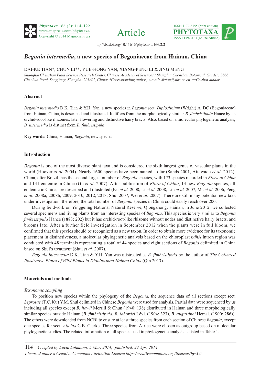 Begonia Intermedia, a New Species of Begoniaceae from Hainan, China