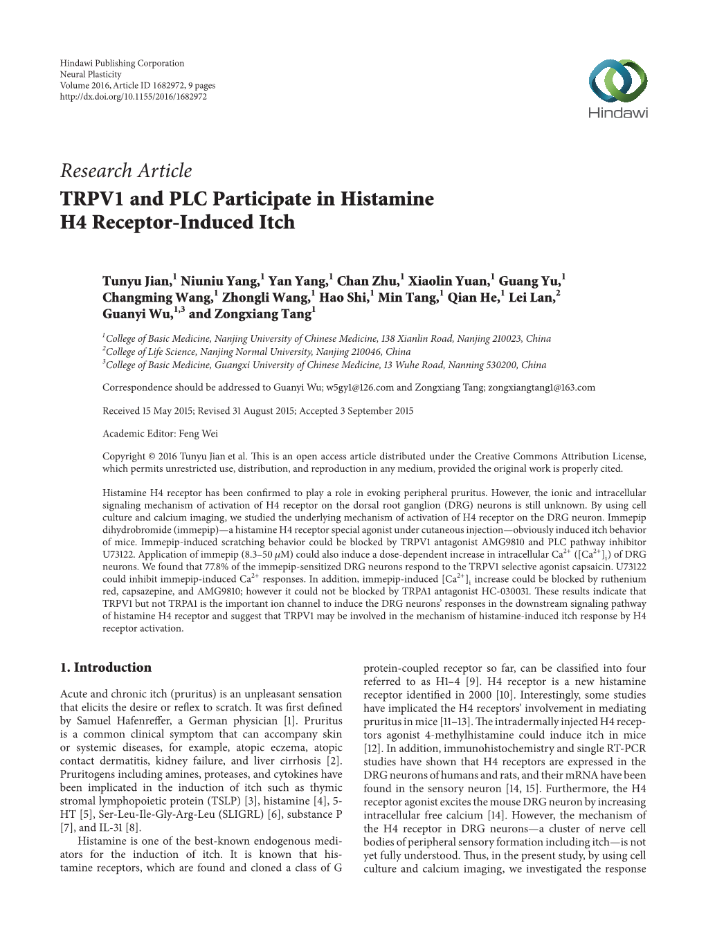 Research Article TRPV1 and PLC Participate in Histamine H4 Receptor-Induced Itch