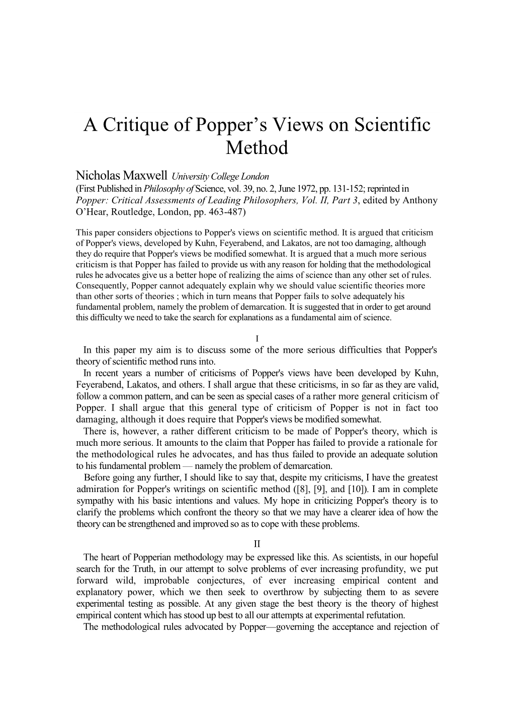 A Critique of Popper's Views on Scientific Method