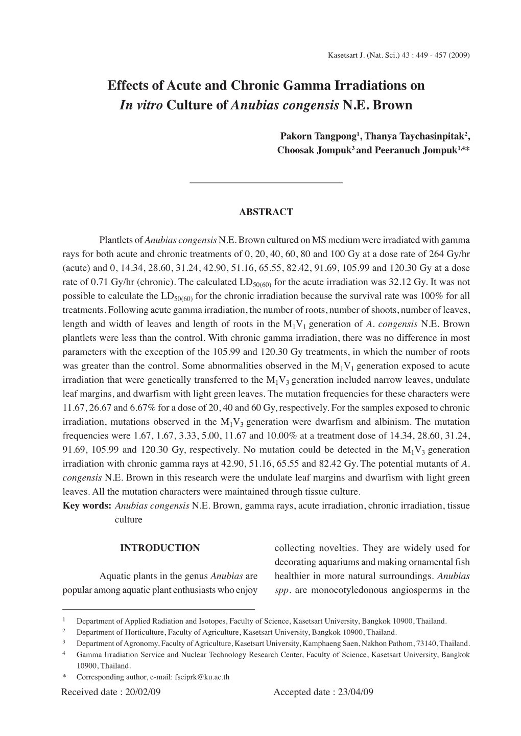 Effects of Acute and Chronic Gamma Irradiations on in Vitro Culture of Anubias Congensis N.E