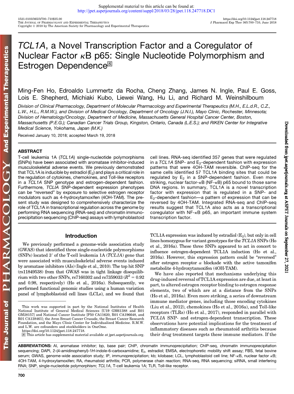 TCL1A, a Novel Transcription Factor and a Coregulator of Nuclear Factor Kb P65: Single Nucleotide Polymorphism and Estrogen Dependence S