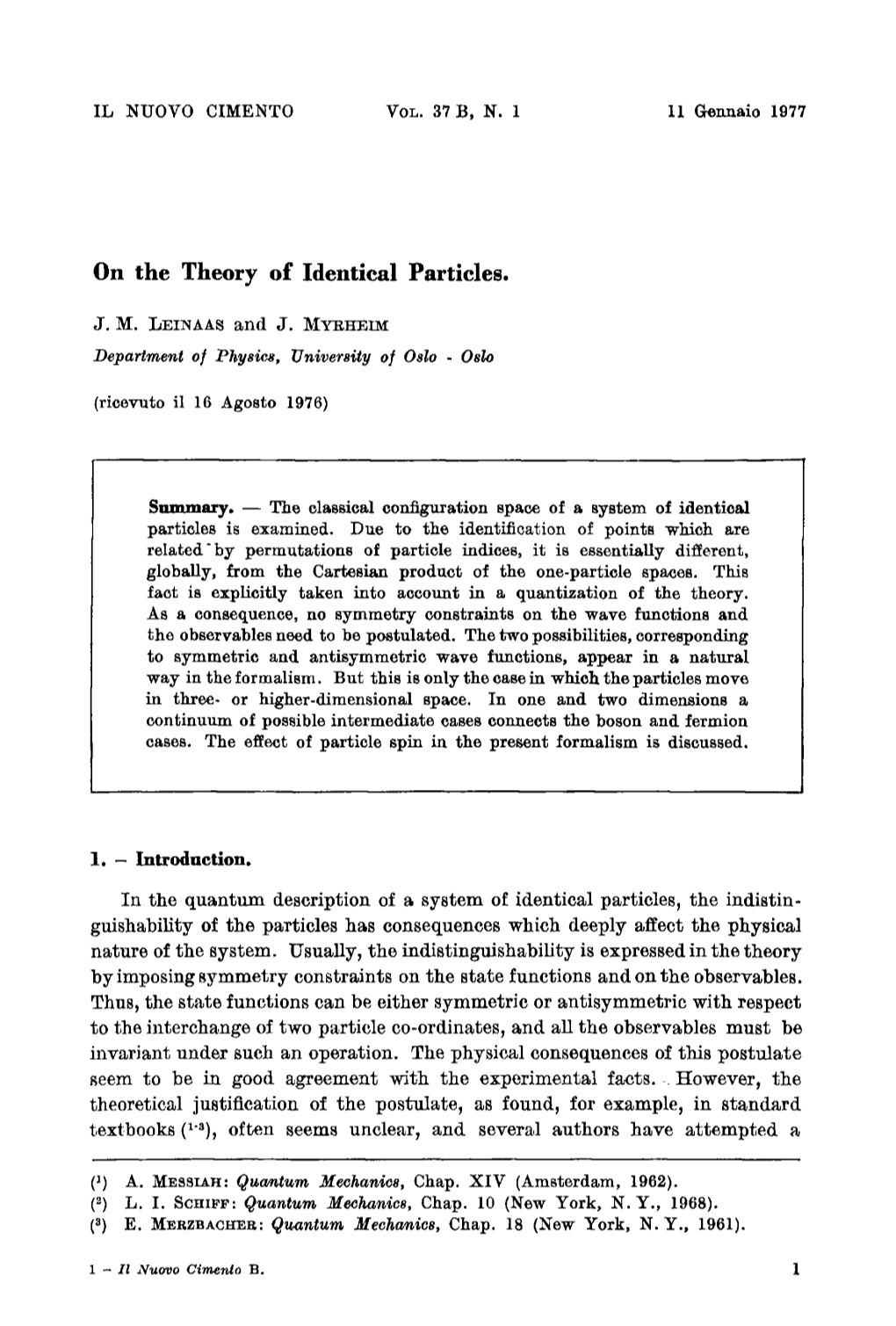 On the Theory of Identical Particles