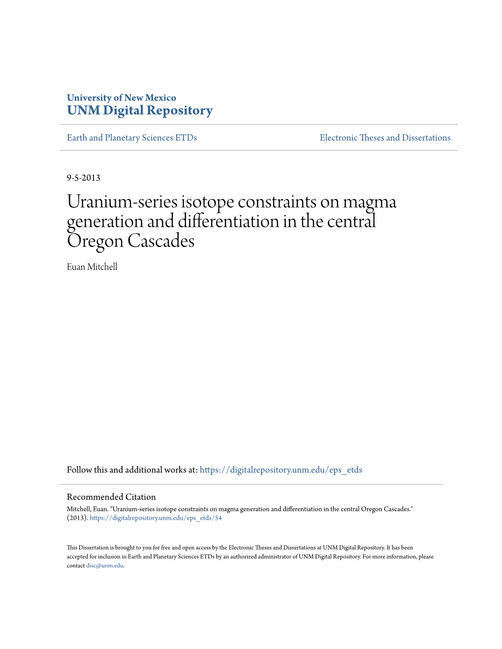 Uranium-Series Isotope Constraints on Magma Generation and Differentiation in the Central Oregon Cascades Euan Mitchell