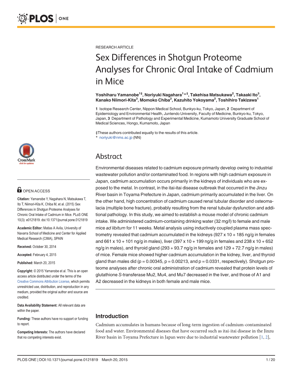 Sex Differences in Shotgun Proteome Analyses for Chronic Oral Intake of Cadmium in Mice