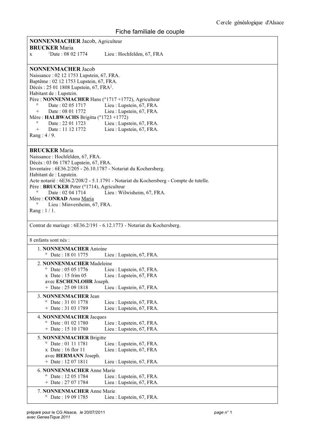 Fiche Familiale De Couple NONNENMACHER Jacob, Agriculteur BRUCKER Maria X 1Date : 08 02 1774 Lieu : Hochfelden, 67, FRA