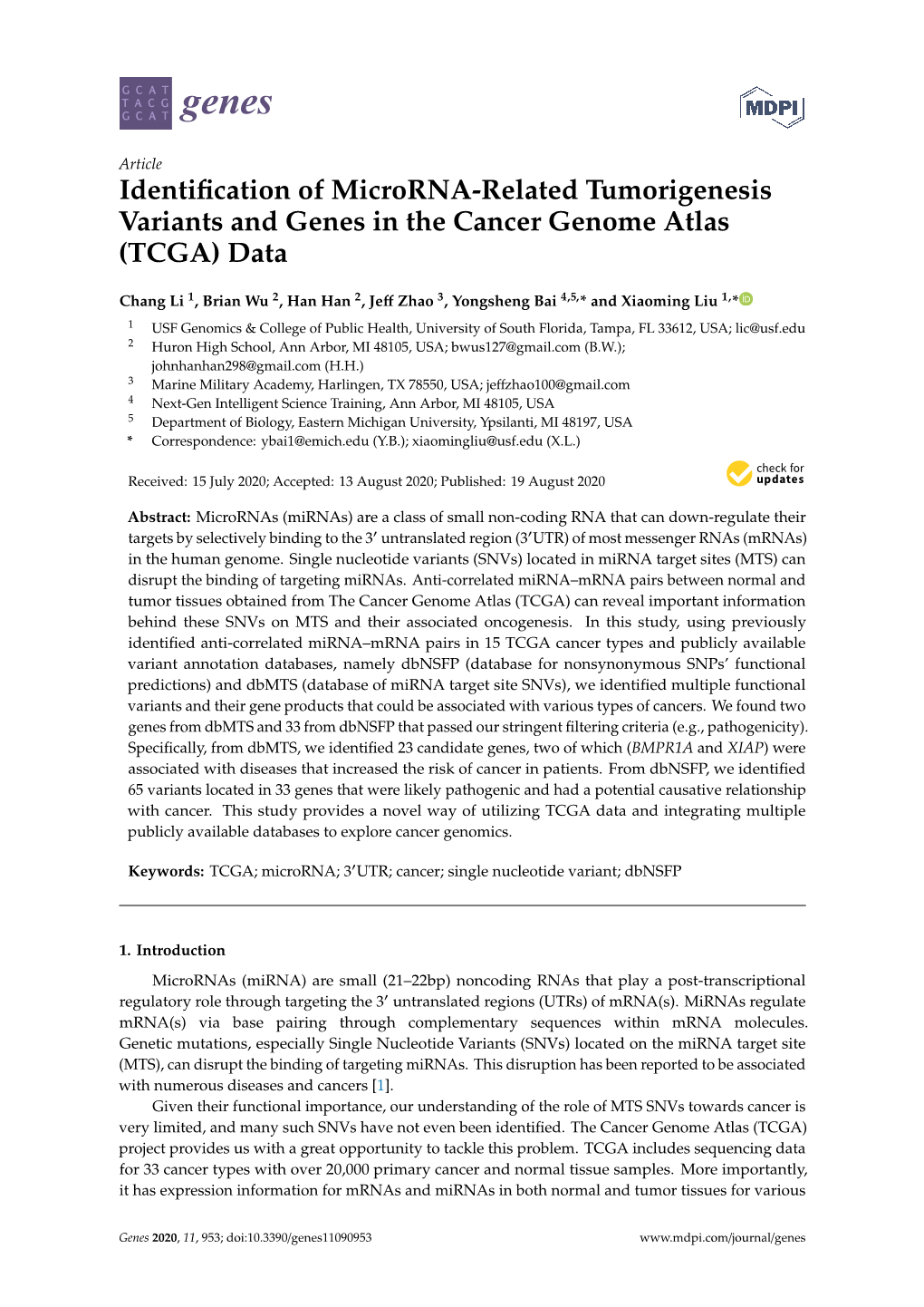 Identification of Microrna-Related Tumorigenesis Variants and Genes in the Cancer Genome Atlas (TCGA) Data