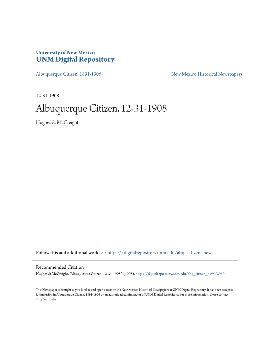 Albuquerque Citizen, 12-31-1908 Hughes & Mccreight