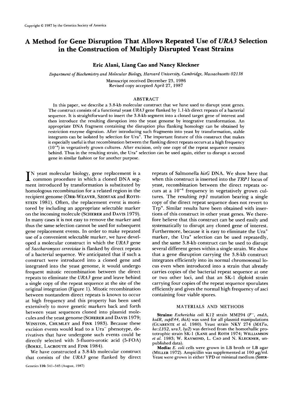 A Method for Gene Disruption That Allows Repeated Use of URA3 Selection in the Construction of Multiply Disrupted Yeast Strains