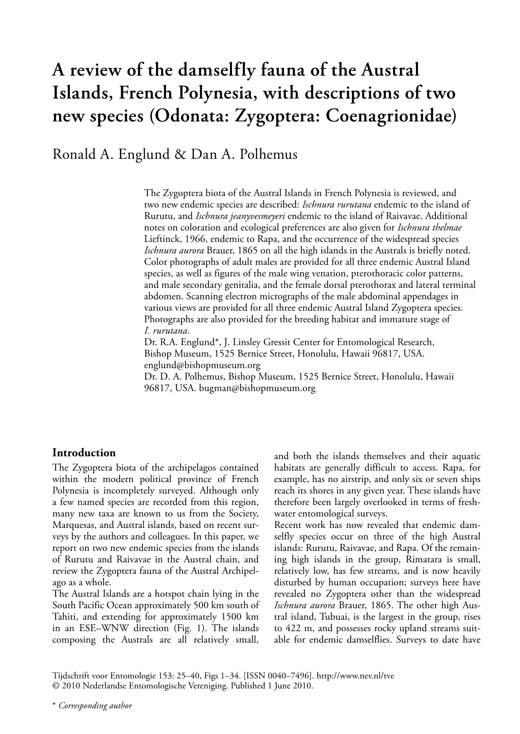 A Review of the Damselfly Fauna of the Austral Islands, French Polynesia, with Descriptions of Two New Species (Odonata: Zygoptera: Coenagrionidae)
